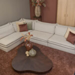 Dubbele zit en rugkussens hoekbank beige stof