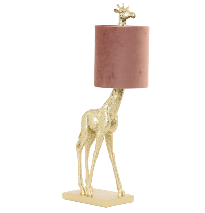 Gouden giraffe tafellamp met velvet roze lampenkap