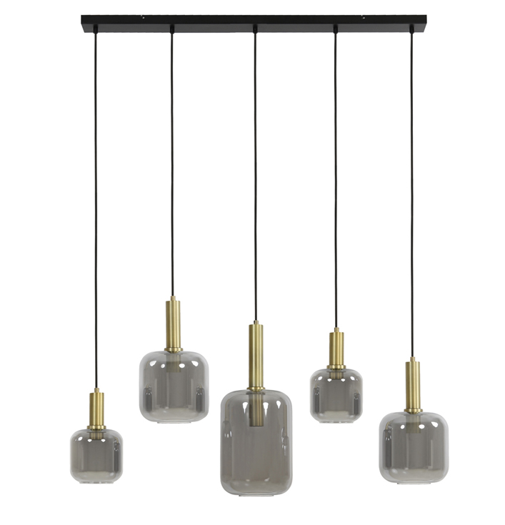 Hanglamp smoked glas met 5 lampen en een plafondplaat