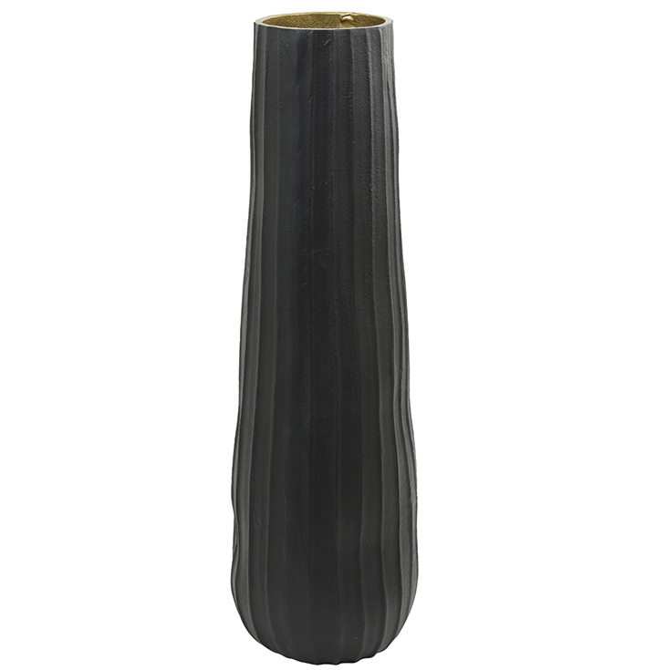 Hoge zwarte vaas met ribbels en gouden binnenkant