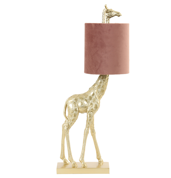 Tafellamp gouden giraf met roze lampenkap