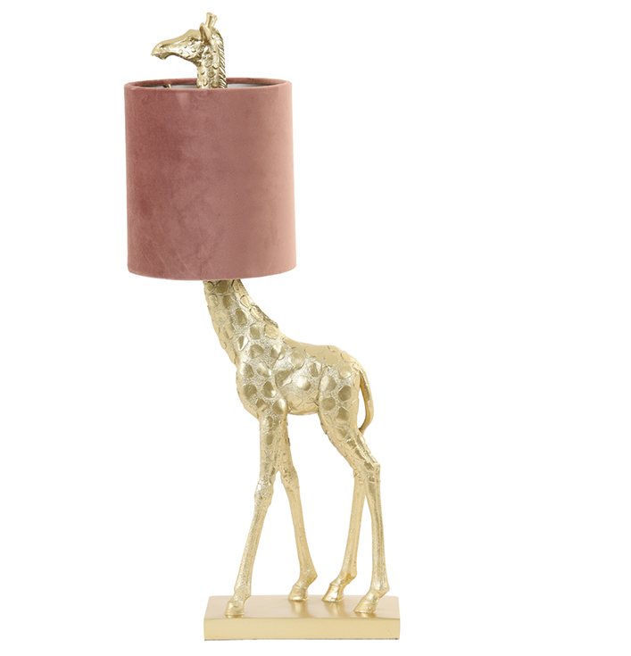 Tafellamp gouden giraffe met velvet roze lampenkap