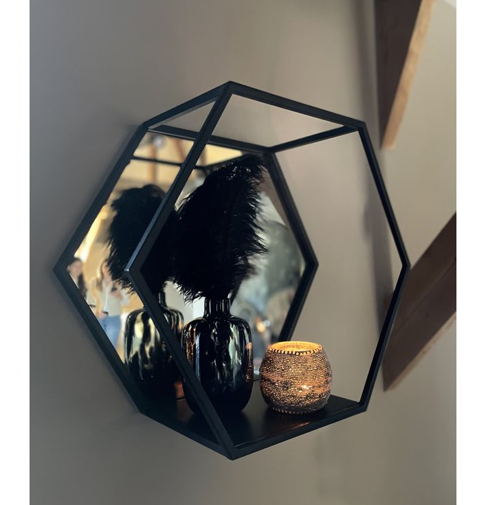 Wandrek metaal zwart met glazen spiegel