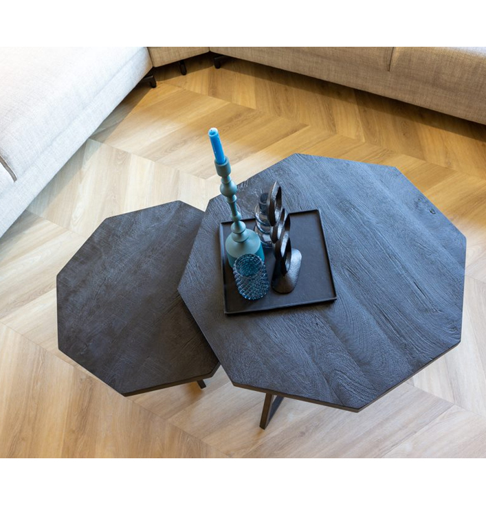 Achthoek zwart hout salontafel set