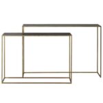 Set van twee lange wandtafels met zwart blad en gouden onderstel