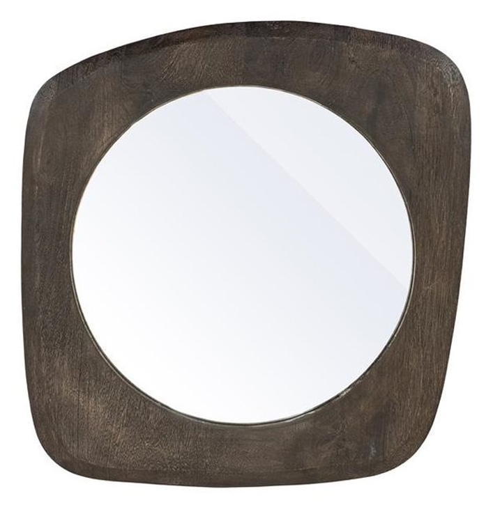 Spiegel rond van glas met bruin mangohout