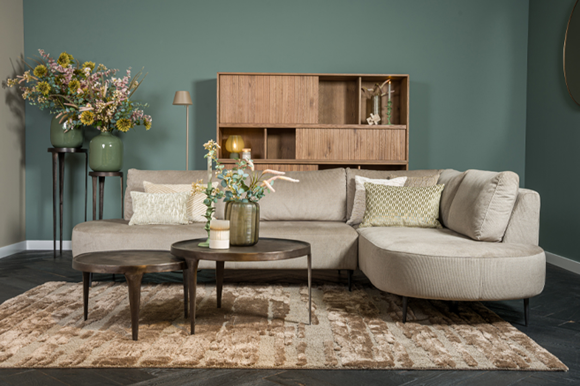 Hoekbank stof licht grijs beige ronde vormen