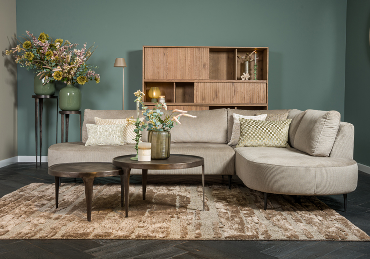 Hoekbank stof licht grijs beige ronde vormen