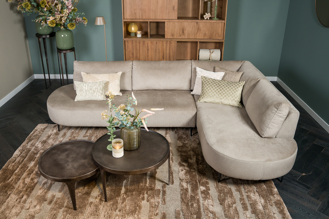 Ronde vormen hoekbank stof licht grijs beige Losse rugkussesn