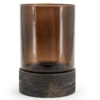 Windlicht bruin glas met houten onderkant