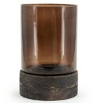Windlicht bruin glas met houten onderkant