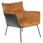 Fauteuil stof en leer zwart cognac met armleuning