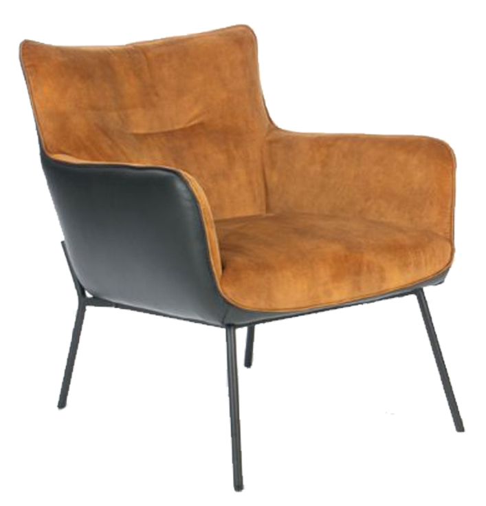 Fauteuil stof en leer zwart cognac met armleuning