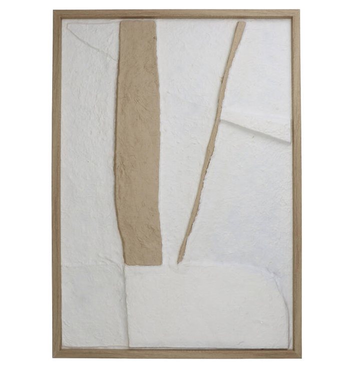 Wanddecoratie papier maché bruine witte vormen in houten lijst