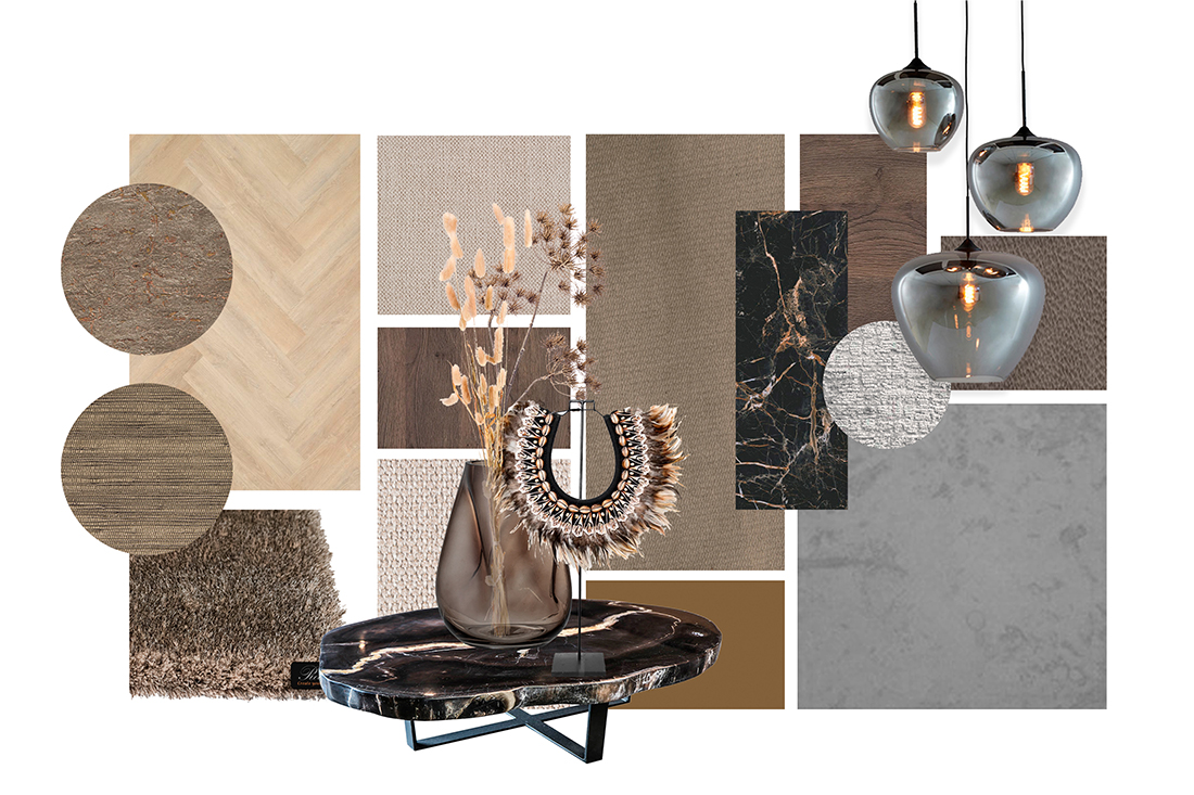 Moodboard bruin hout marmer droogbloemen rookglas hanglamp