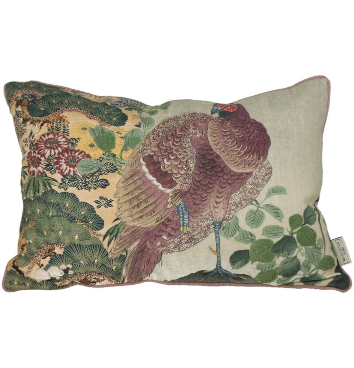 Sierkussen met vogel en bloemen meerkleurig