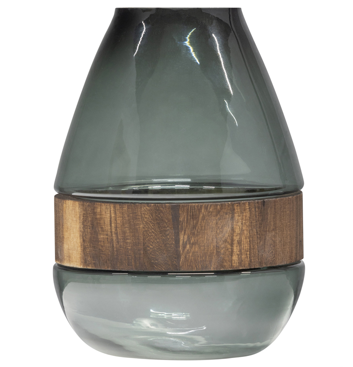 Vaas glas blauw groen met hout