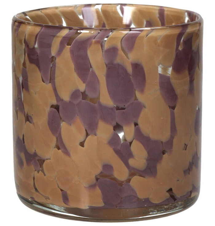 Waxinelichthouder glas rond bruin paars gevlekt