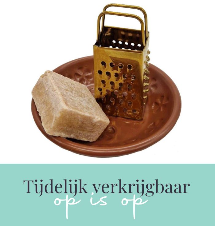 Bruin schaaltje met amberblokje en gouden rasp cadeausetje