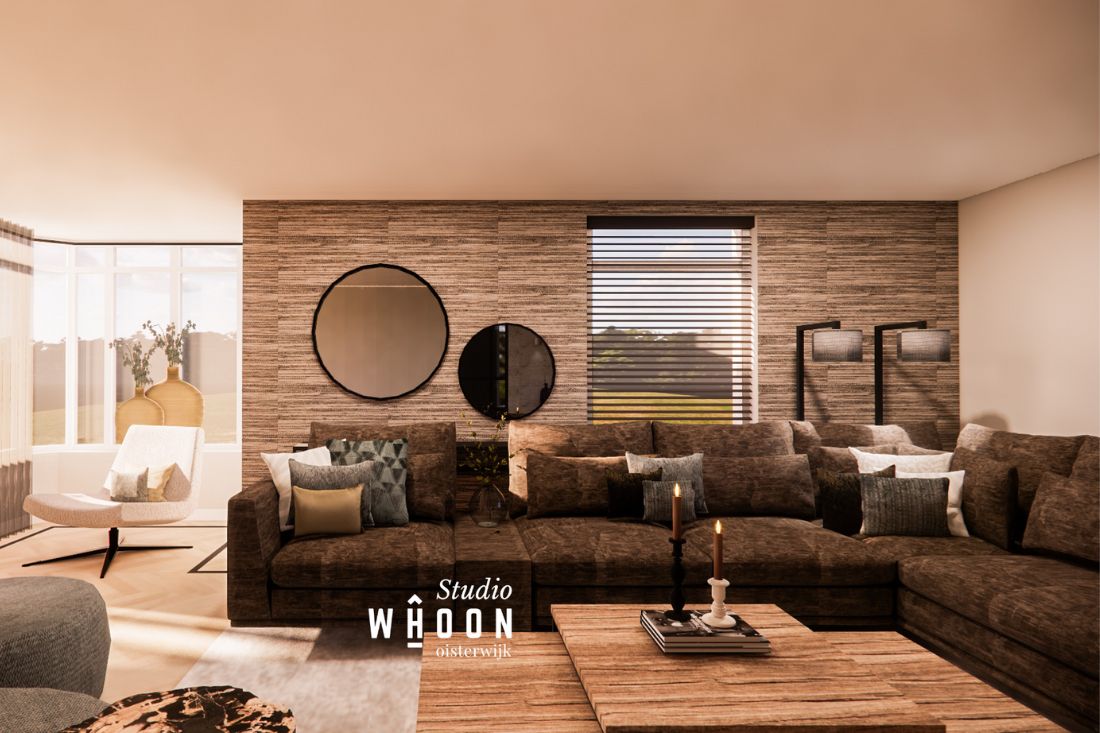3d ontwerp woonkamer bruine hoekbank houten salontafels zwarte ronde spiegels en bruin behang