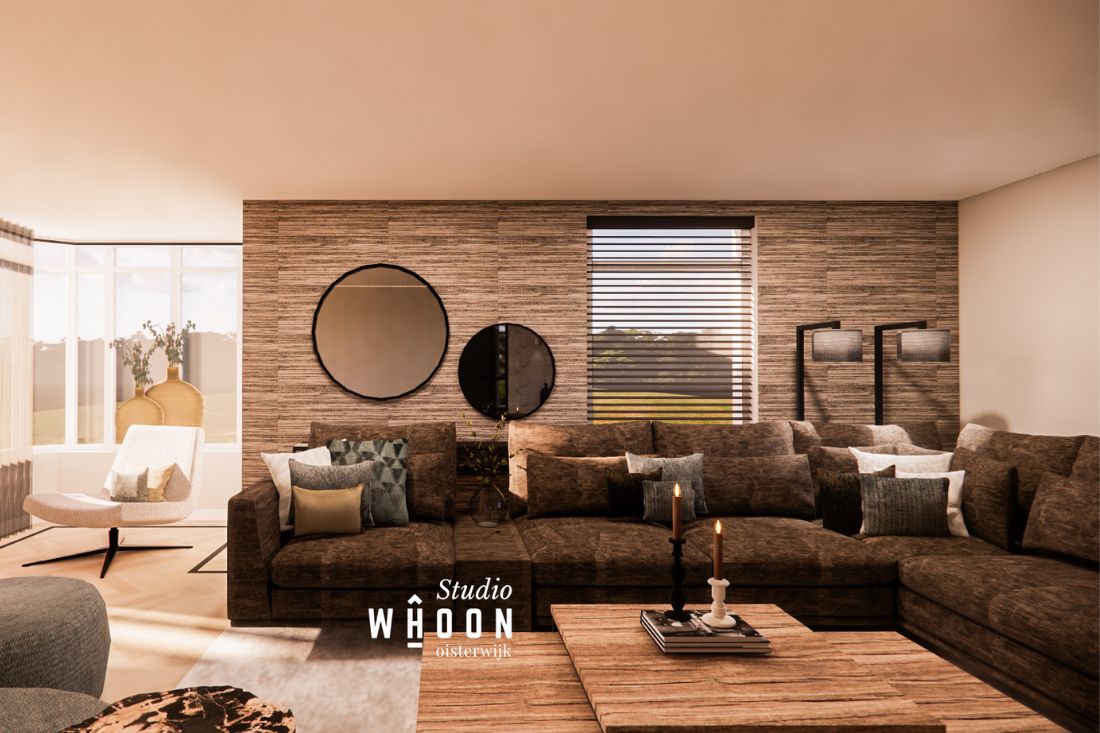 3d ontwerp woonkamer bruine hoekbank houten salontafels zwarte ronde spiegels en bruin behang