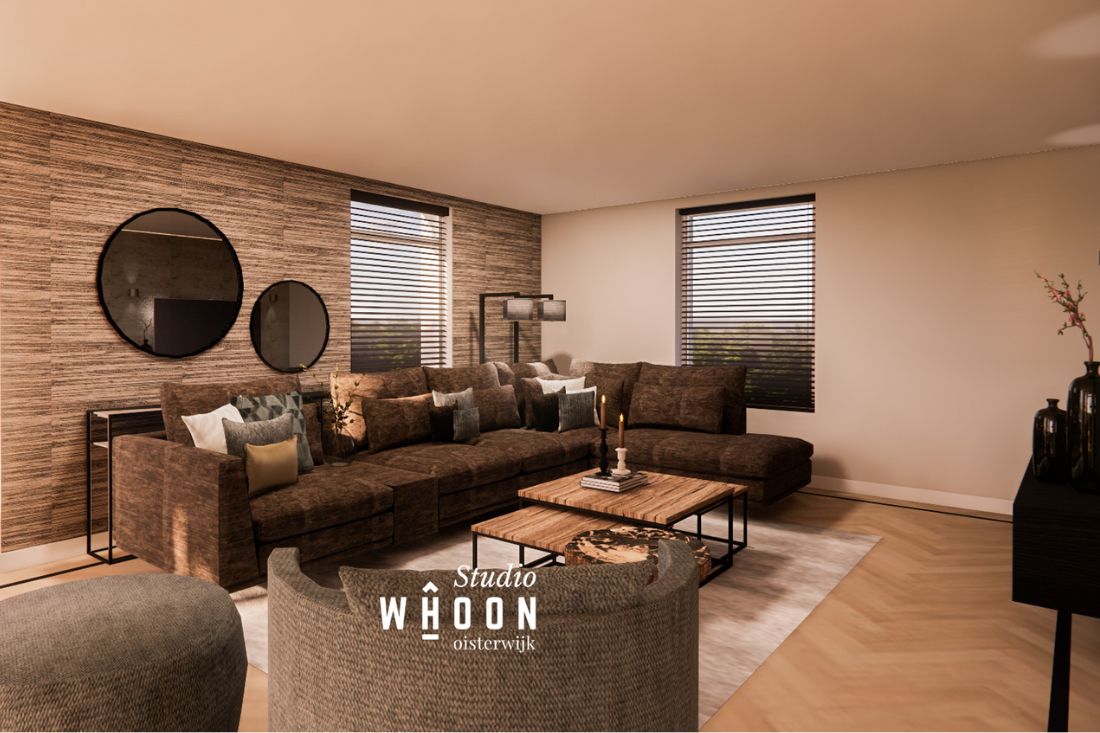 3d ontwerp woonkamer met bruine hoekbank ronde fauteuil ronde spiegels en houten salontafelset