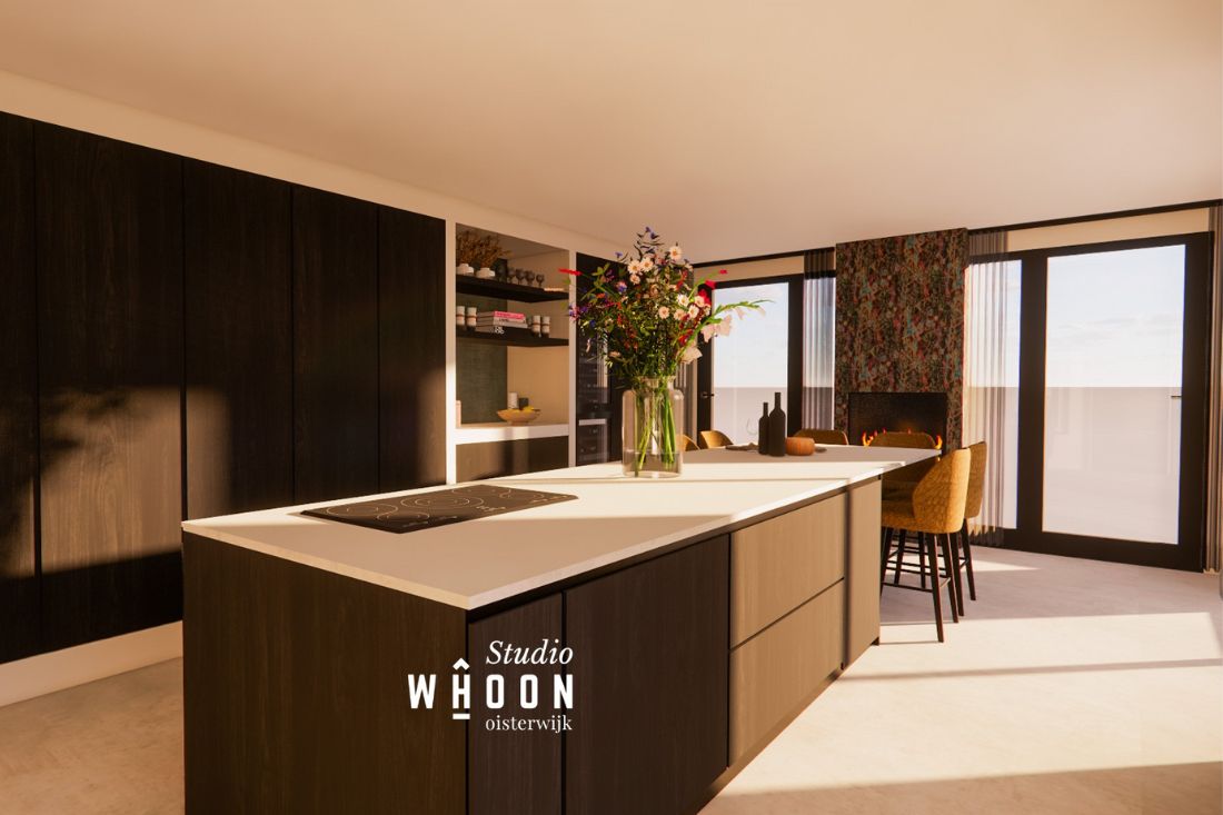 3d ontwerp zwarte keuken met wit blad en bar aan kookeiland