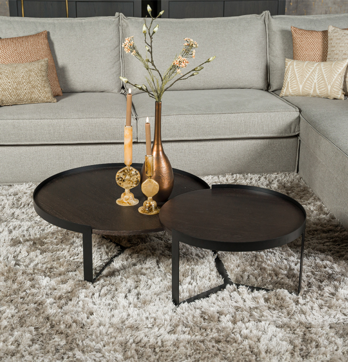Salontafel set hout met zwart metaal onderstel