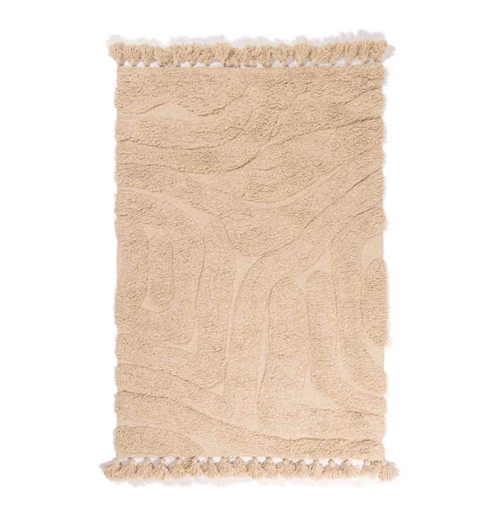 Vloerkleed hoogpolig wol zand met franjes en patroon