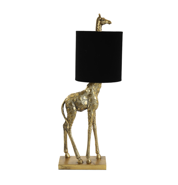 Tafellamp antiek bronze giraffe met zwarte lampenkap