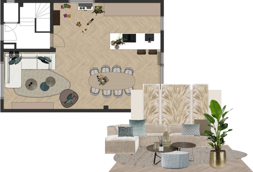 2d-interieurontwerp met moodboard woonkamer
