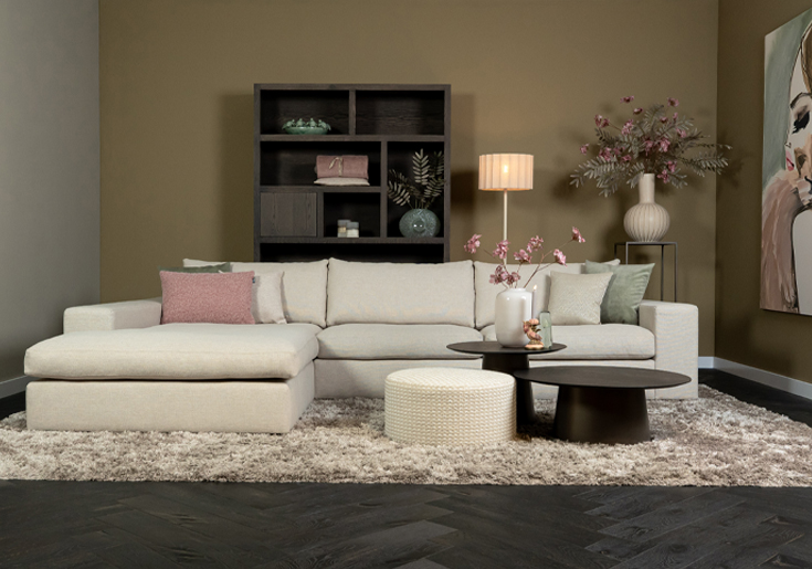 Hoekbank stof beige diepe zitting
