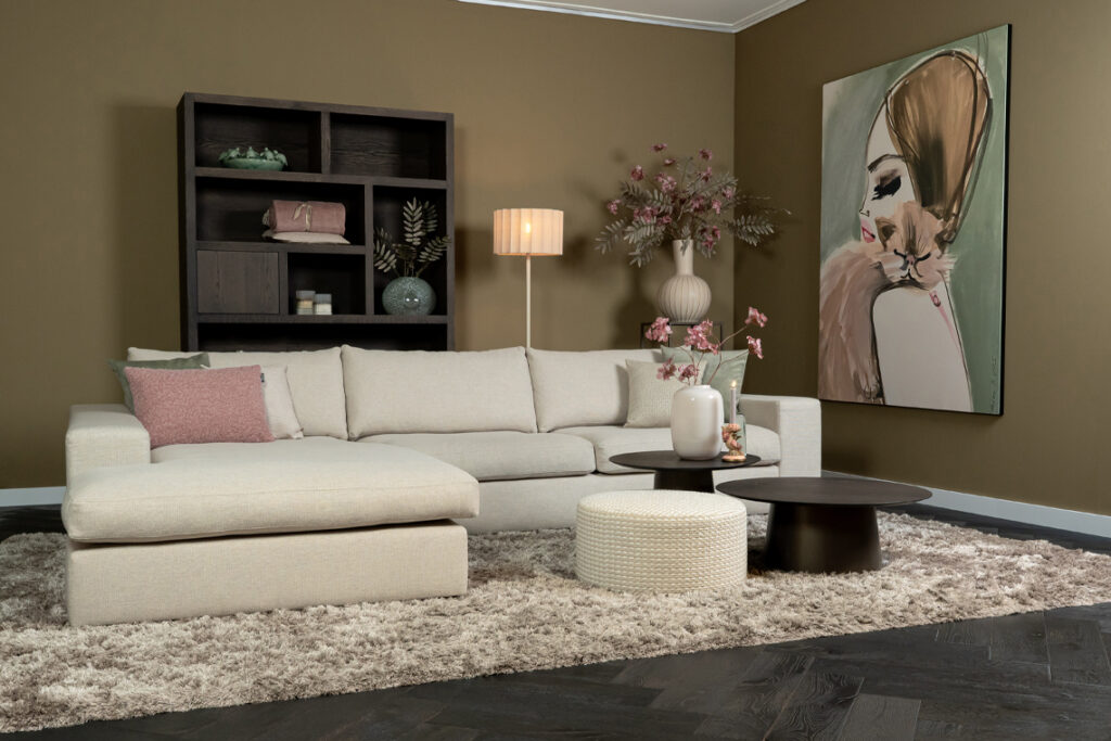 Stof beige hoekbank losse kussens