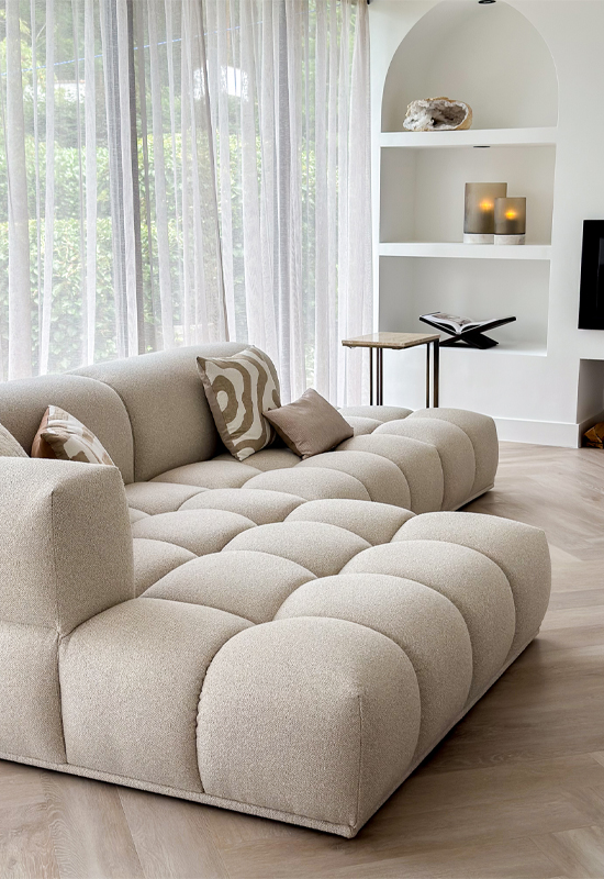 Blokpatroon bank stof beige