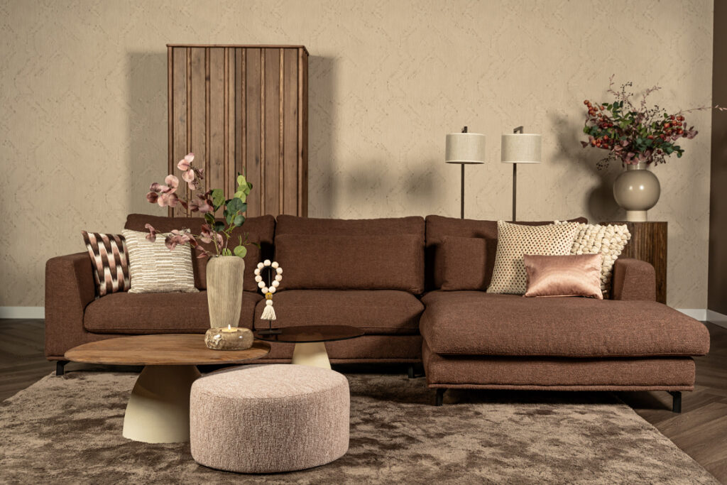 Hoekbank stof bruin losse kussens