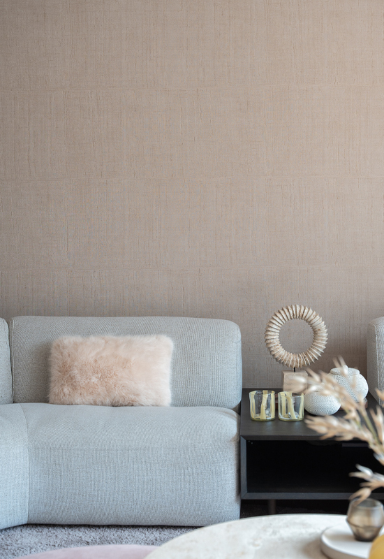 Hoekbank stof grijs beige met tussentafel