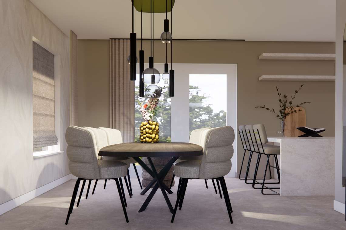 Eethoek en keuken met barkrukken 3D-tekening