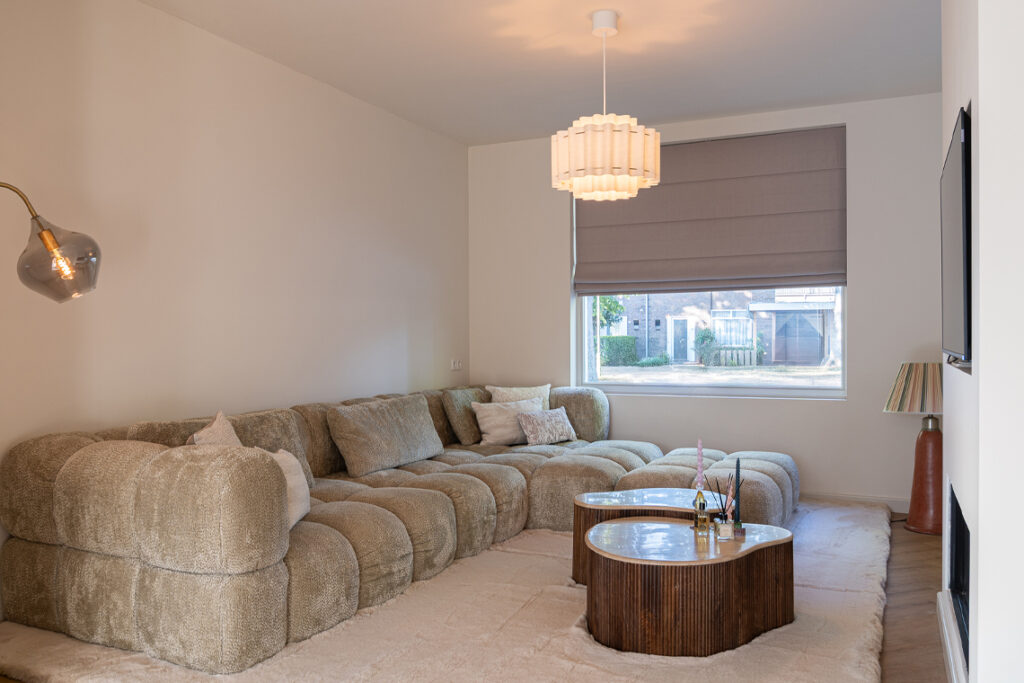 Hoekbank blokpatroon stof beige