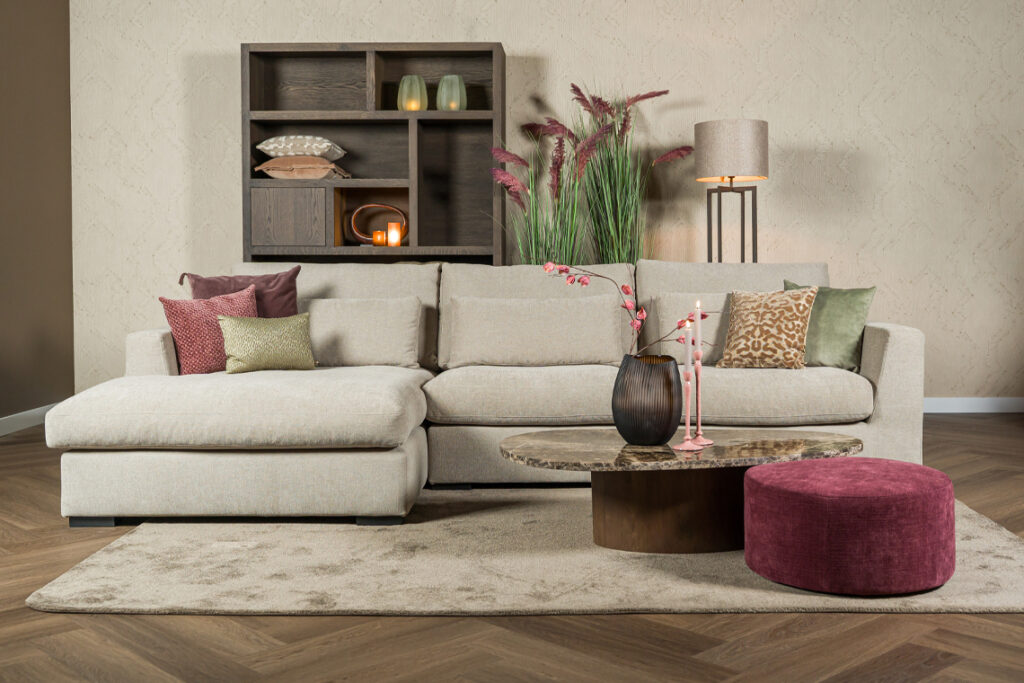 Hoekbank stof beige met lendenkussens