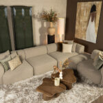 Grijs beige stoffen bank strak ronde hoeken