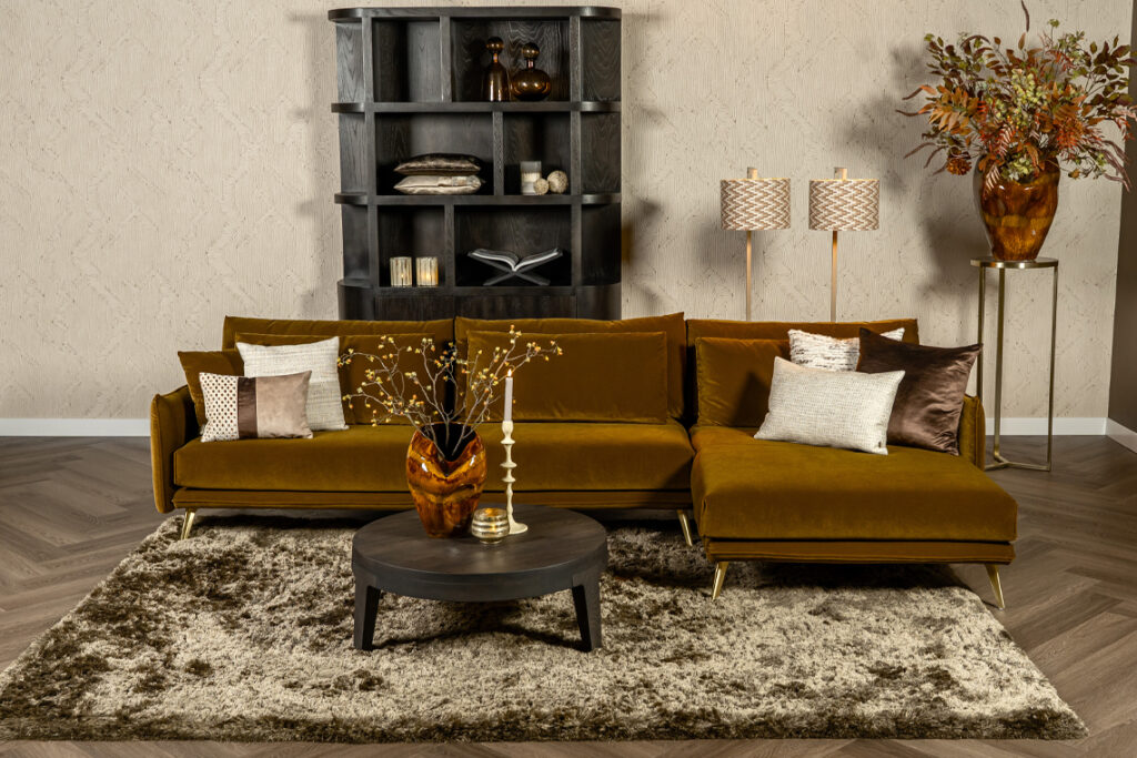 Okergeel gouden hoekbank velvet stof