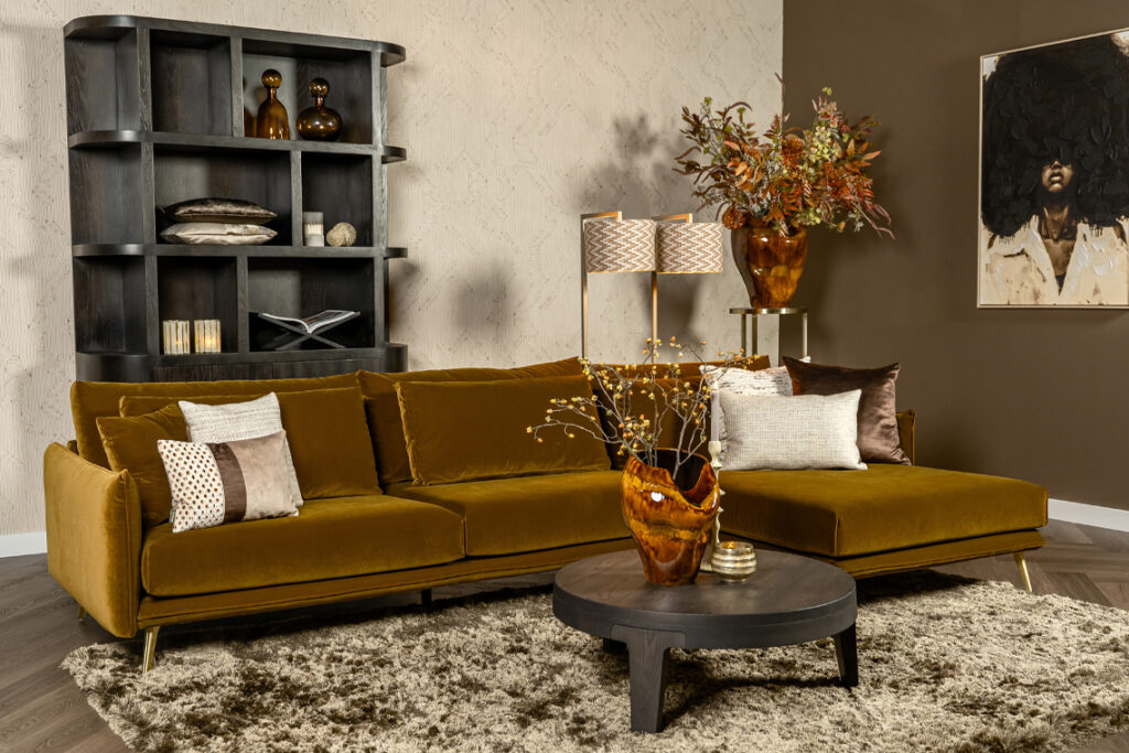 Stoffen velvet hoekbank goud