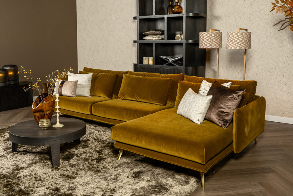 Velvet stof goud hoekbank poot metaal goud