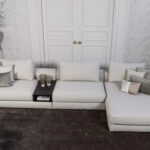 Beige stoffen hoekbank tussentafel