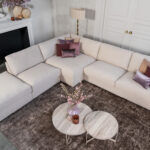 Hoekbank beige stof unieke hoek