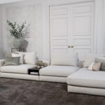 Stof beige hoekbank met houten tussentafel