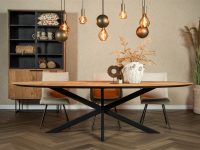 Eettafel ovaal hout bruin met zwart metalen poot