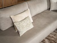 Ronde vormen hoekbank stof licht grijs beige Losse rugkussesn