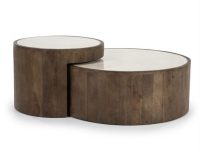 Salontafel set rond bruin hout en beige marmer